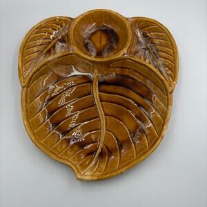 Vintage Wade of California Ceramic Leaf Chip & Dip Serving Platter Divided Brown